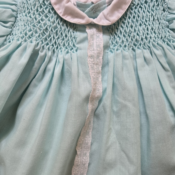Vintage 1980s Polly Flinders pastel teal collared smocked dress - Picture 7 of 8